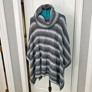 Neiman Marcus Cable Knit Stripe Turtle Neck Wrap Poncho Cape Winter Sweater